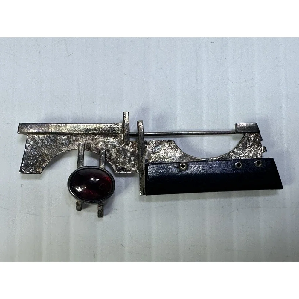VINTAGE bolz STERLING SILVER BROOCH RED STONE BLACK WOOD MODERNIST